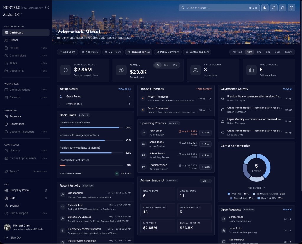 AdvisorOS — dashboard overview across book of business