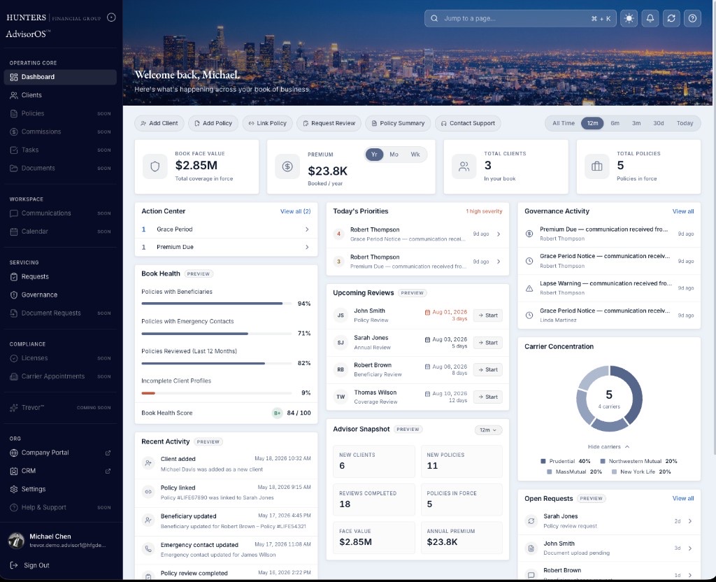 AdvisorOS — dashboard overview across book of business